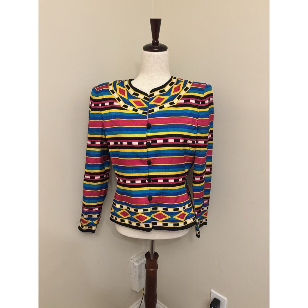 Papell Petites Vintage 80s Blazer New Wave Muticolored 100% Silk Size 8 Petite